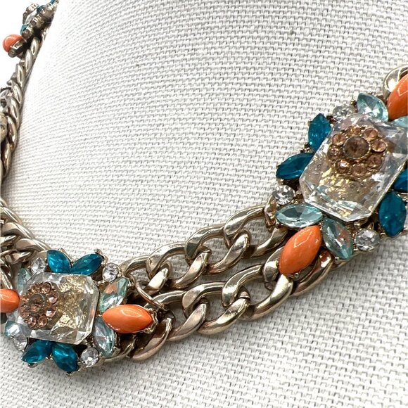 Double Chain Chunky Rhinestones Necklace Orange Teal Gold-Tone Unique Statement - Picture 4 of 12